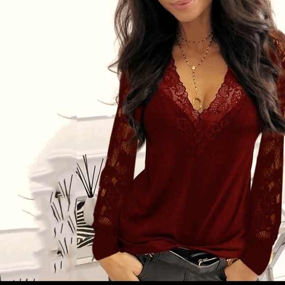 Tops - One left Medium! Silky V-neck Lace Long Sleeve T-shirt